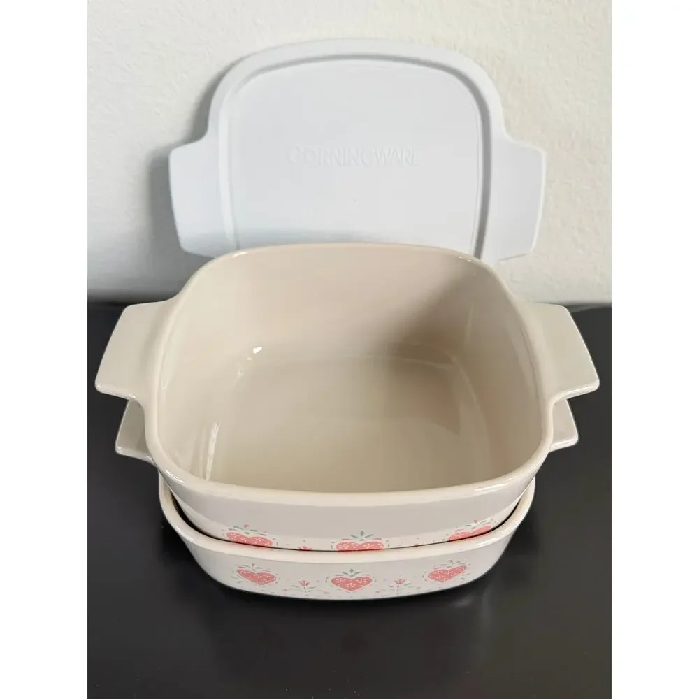 Vintage CorningWare casserole baking dishes Forever Yours pattern pink heart lid